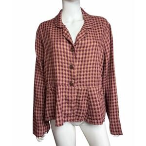 FLAX Women's M Red Plaid Gingham Lagenlook Artsy Button Linen Tunic Top EUC